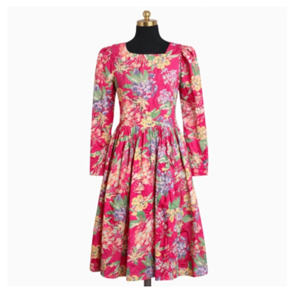 Vtg Laura Ashley 80s Cotton Floral Midi Dress Made in UK Pockets S Cottagecore